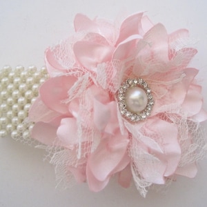 Wrist Corsage Pink Satin and Lace Pearl Cuff or Three Strand Bracelet Bridesmaid Mother of the Bride Prom with Pearl Rhinestone Accents. image 1