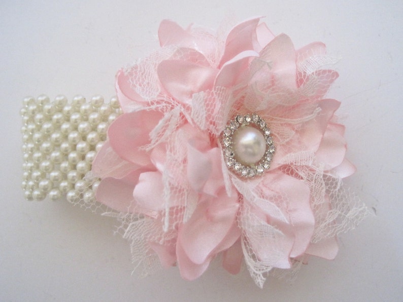 Wrist Corsage Pink Satin and Lace Pearl Cuff or Three Strand Bracelet Bridesmaid Mother of the Bride Prom with Pearl Rhinestone Accents. image 1