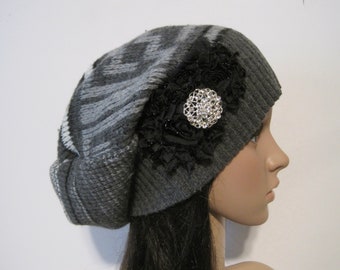 Grey Print Recycled Relaxed Fit Sweater Slouch Beanie With Black Chiffon Flowers and Rhinestones Winter Hat Upcycled Sweater Hat Accessories
