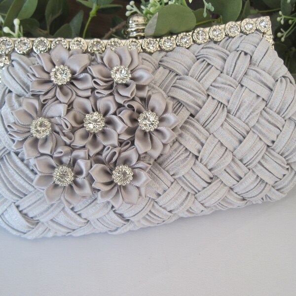 Rhinestone Flower Front Shiny Fabric Clutch main image 0