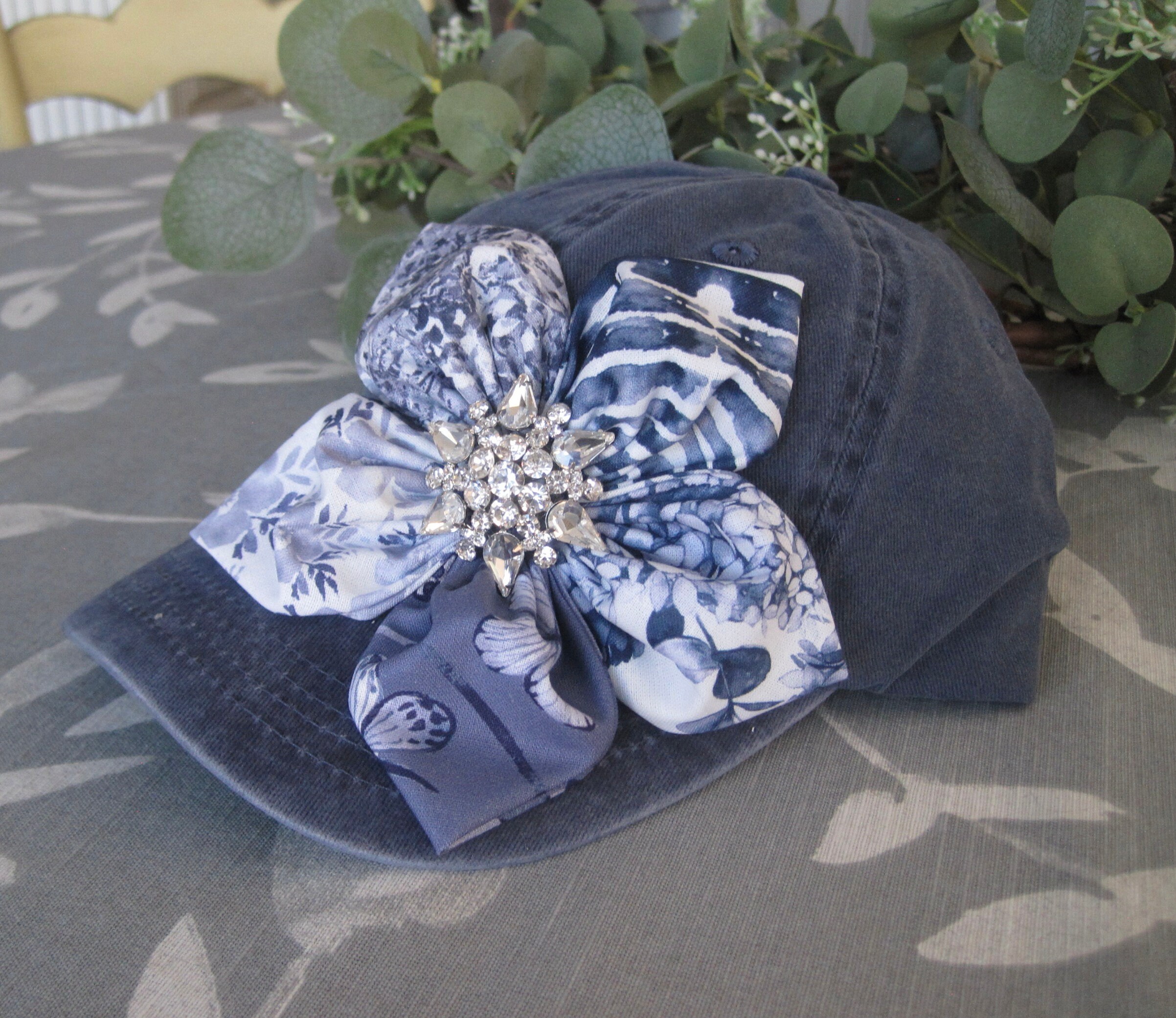 Blue Trucker Cap: Rhinestone Petal Flower Baseball Hat - Etsy display picture 1