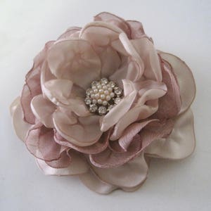 Custom Made to Order Rose Gold Champagne Satin Chiffon Flower Hair Clip Bride Bridesmaid Mother of the Bride Pearl and Rhinestone Accent image 1