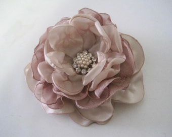 Custom Made to Order Rose Gold Champagne Satin Chiffon Flower Hair Clip Bride Bridesmaid Mother of the Bride Pearl and Rhinestone Accent