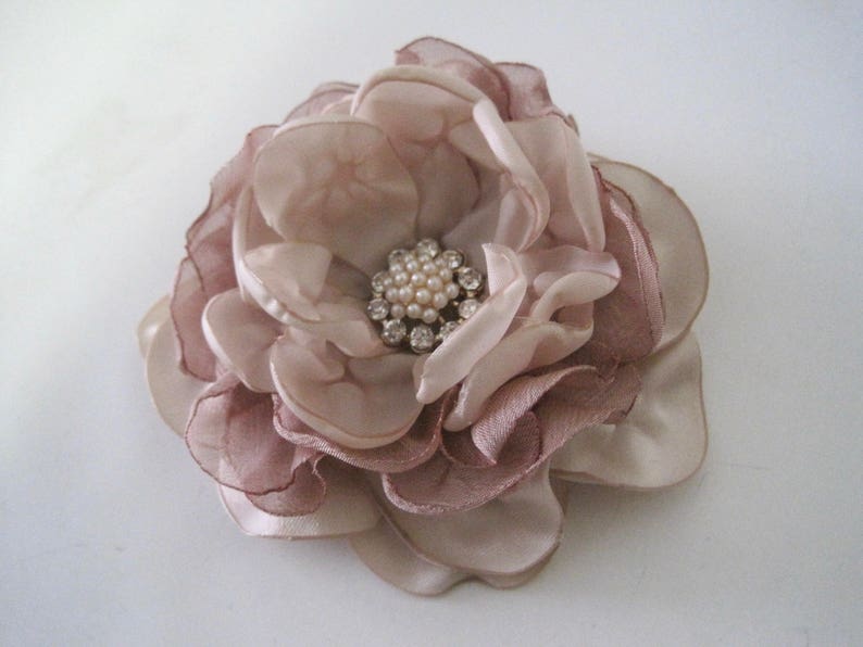 Custom Made to Order Rose Gold Champagne Satin Chiffon Flower Hair Clip Bride Bridesmaid Mother of the Bride Pearl and Rhinestone Accent image 1