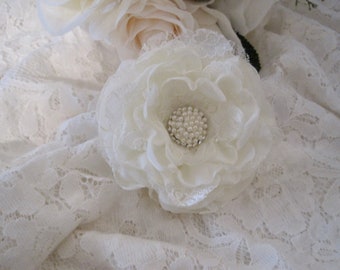 Ivory Lace Flower Hair Clip or Brooch Pin: Bridal Pearl Rhinestone Accessory
