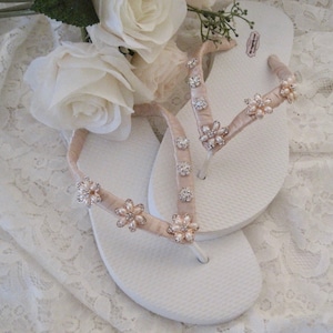 Flip Flops Bridal Wedding Blush Champagne with Pearl and Rhinestone  Accents Bridal Sandals Wedding Beach Sandals Accessories Bridal Custom
