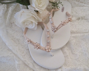 Flip Flops Bridal Wedding Blush Champagne with Pearl and Rhinestone  Accents Bridal Sandals Wedding Beach Sandals Accessories Bridal Custom