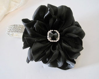 Wrist Corsage Black Satin Abbey Flower Corsage Bracelet with Black Rhinestone Accent Prom Homecoming Winter Formal New Years Eve Corsage