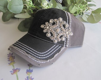 Baseball Trucker Distressed Cap Hat Two Tone Black and Grey with Clear Crystal  Appliqué Accent Accessories Hats Caps Trucker Hats