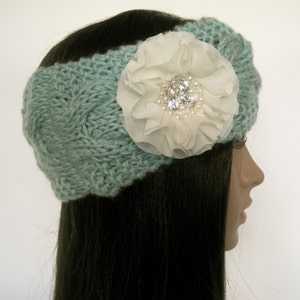 Mint Green Cable Knit Ear Warmer Headband Head Wrap Winter Hats Accessories with Ivory Chiffon Flower with Pearl and Rhinestone Accent image 4