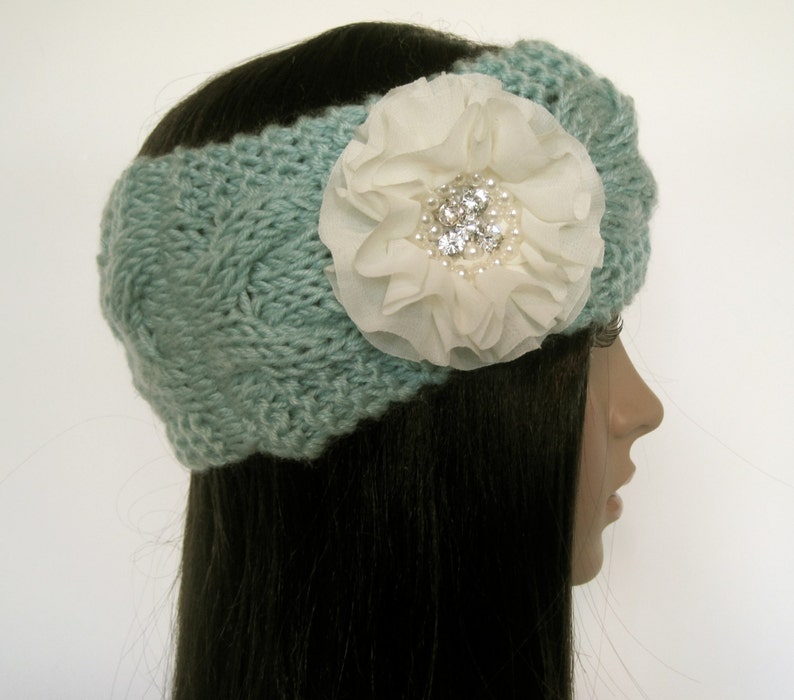 Mint Green Cable Knit Ear Warmer Headband Head Wrap Winter Hats Accessories with Ivory Chiffon Flower with Pearl and Rhinestone Accent image 4