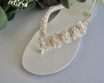Flip Flops Bridal Beach Sandals Ribbon Roses with Ivory Pearl and Rhinestone Trim Reception Wedge Flip Flops Bridal Sandals Bling Sandal