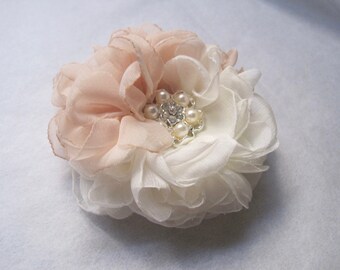Champagne Ivory Chiffon Flower Hair Clip or Brooch Pin: Pearl Rhinestone Bridal Accessory