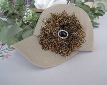 Trucker hat Tan hat Animal Print Chiffon Flower baseball hat Bling hats trucker hat Cheetah Trucker Flower Hat Rhinestone Flower Hat Trucker