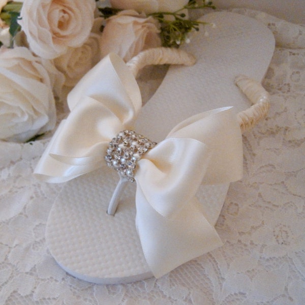 Flip Flops Flats or Wedge Bridal Wedding Ivory Cream French Knotted with Beautiful Ivory Bow Pearl and Rhinestone Trim Accent Custom Order