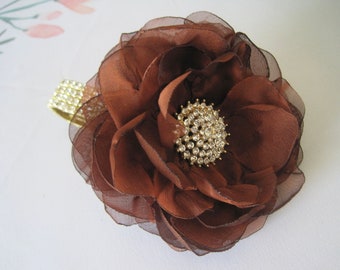 Wrist Corsage Copper Chiffon Flower with Gold Metal Clear Rhinestone Bracelet Bride Bridesmaid Mother of the Bride Prom  Made To Order