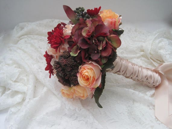 Mixed Fall Bridal Wedding Bouquet Hydrangea Roses Protea And Etsy