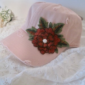 Trucker Baseball Vintage Cap Light Rose With Flower Trucker Flower Appliqué Trucker Baseball Cap Bling Trucker Distressed Trucker Cadet Hat