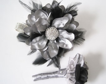 Silver Grey Rhinestone Feather Wrist Corsage Bracelet Set Prom Homecoming  Matching Boutonniere Custom Order
