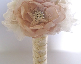 Bridesmaid Brides Fabric Flower Wedding Bouquet  In Champagne and Ivory  with Faux Pearl Accents and Lace... Custom Made to Your Colors