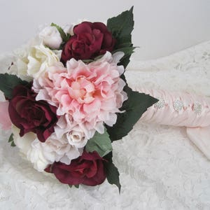 Burgundy Wine Mixed Flower Bridal Bouquet French Knotted with Faux Rhinestone Buttons on Handle Ready to Ship Wedding Bouquets Prom Bouquet