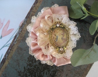 Brooch Cameo Vintage Look Victorian Lace BoHo Pin Victorian Cameo Brooch Pin Jean Jacket Pin Brooch Vintage Look Brooch Pink Satin and Lace