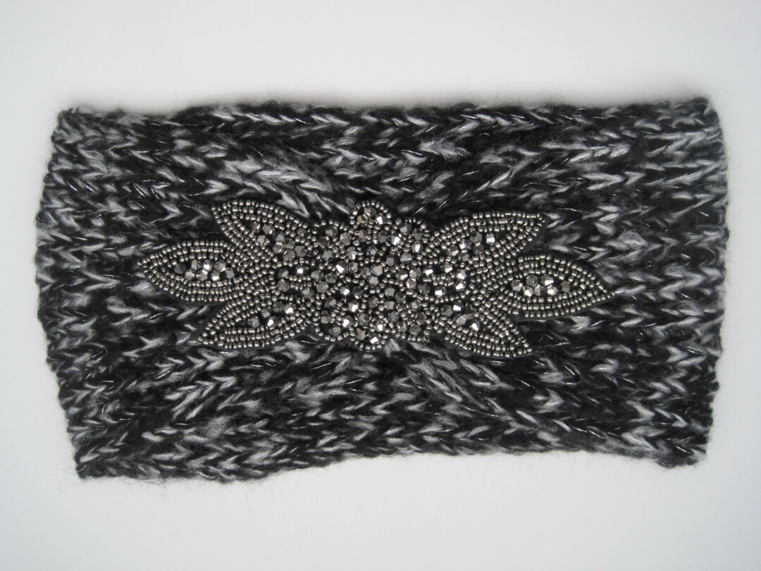 Black Knit Ear Warmer Headband With Beaded Appliqué - Etsy display picture 2