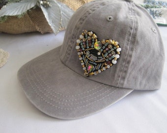 Trucker Baseball Light Grey Cap Pigment Dyed Baseball Trucker Hat with Unique Heart Beaded Applique Grey Trucker Baseball Heart Appliqué Hat