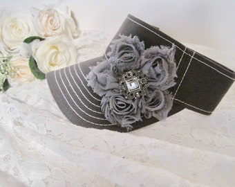 Adorable Grey White Stitched Golf Sun Visor with Grey Chiffon Flower and Smokey Grey Accent Golf Hat Sun visors Accessories