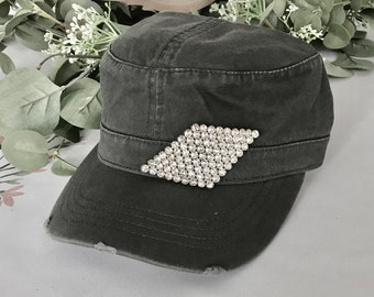 Cadet Hat Grey Military Hat Baseball Caps Trucker Hats Flower Caps with Diamond shaped Rhinestone Accent Bling Cadet Grey Military Bling Hat