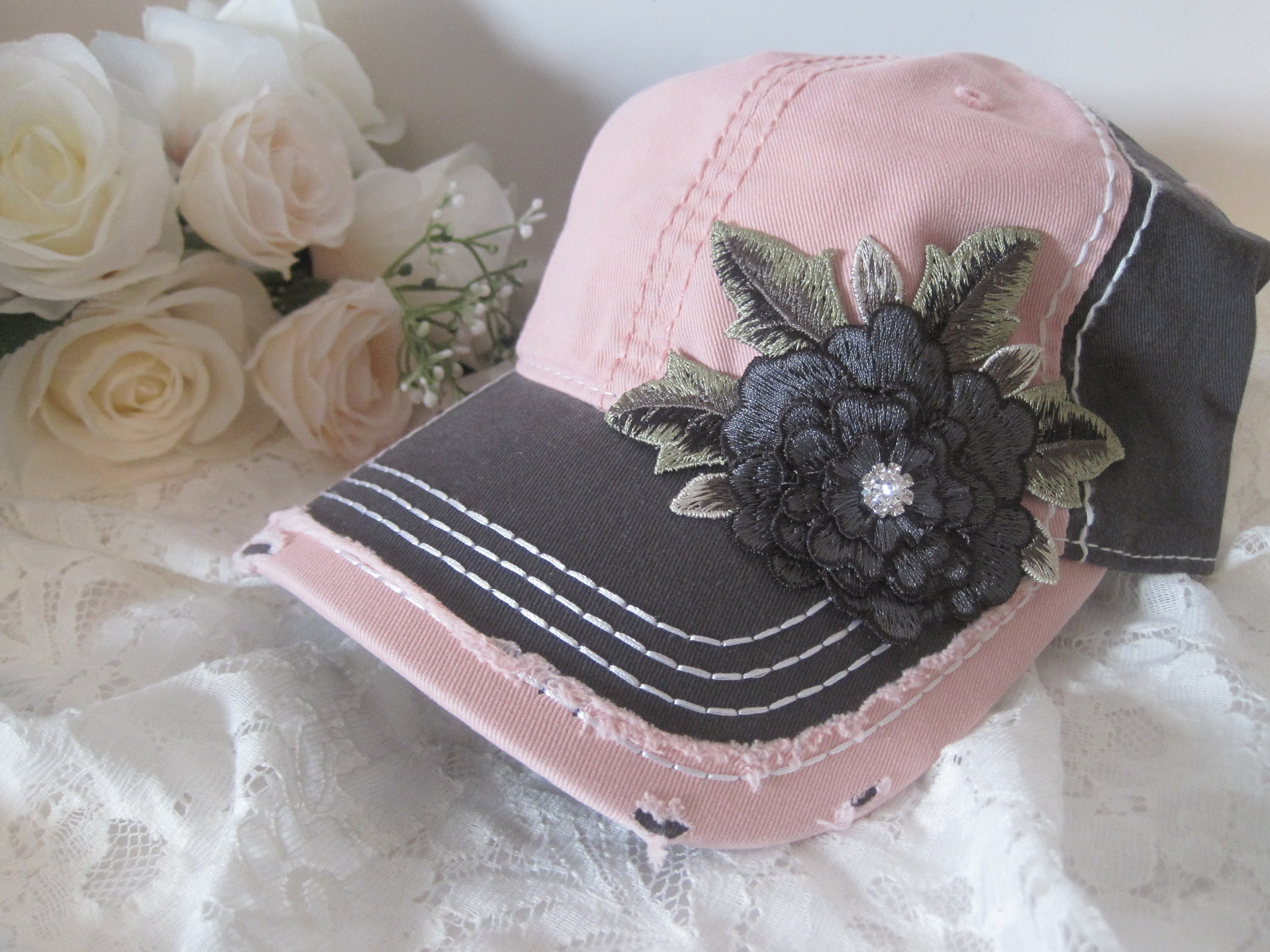Pink & Grey Trucker Hat: Floral Applique, Rhinestone Accent  display picture 1