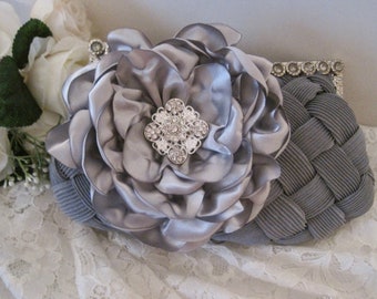 Gray Pleated Front Satin Rhinestone Framed Wedding Bridesmaid Clutch  with a Silver Gray Satin Flower and Rhinestone Accent Purses Hand Bags