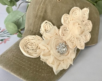 Trucker hat Tan hat Chiffon Flower baseball hat Bling hats trucker hats Ivory Flower Trucker Bling Flower Hat Rhinestone Flower Hat Trucker