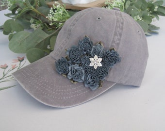 Grey Trucker Baseball Cap Dad Hat Women's Hat Dusty Blue Flower Trucker Hat Trucker Hats Flowered rhinestone Hats Ribbon flower Hats Trucker