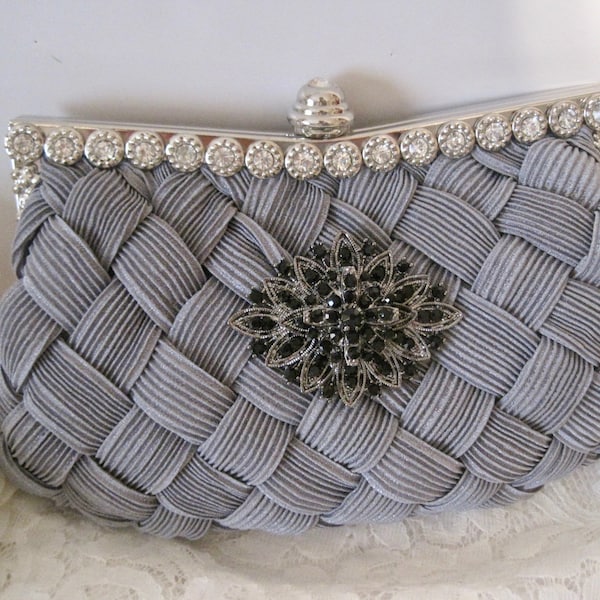 Gray Pleated Front Satin Rhinestone Framed Wedding Bridesmaid Clutch with a Silver and Black Rhinestone Accent Purses Hand Bags Clutches