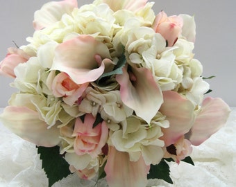 Bridal Bouquet Quinceanera Stunning Ivory Hydrangea Calla Lillie's and Rose Buds with Gorgeous Rhinestone Wrapped Handle---- Ready to Ship