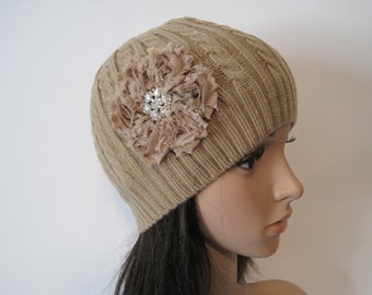 Adorable Khaki Beige Cable Knit Beanie Skull Cap Winter Hat with Matching Handmade Flower and a Rhinestone Accent Hats Winter Hats Women's