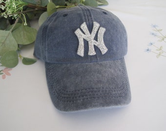 Trucker Baseball Blue Cap Pigment Dyed Baseball Trucker Hat with New York Applique Blue Trucker Baseball Cap Bling Hat New York Trucker Hat