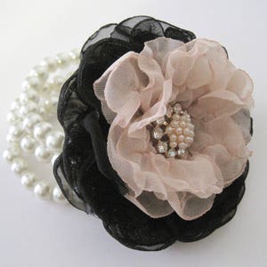 Gorgeous Black with Champagne Chiffon Wrist Corsage Boutonniere Set with Pearl and Rhinestone Accents Prom Homecoming Winter Formal Wedding image 2