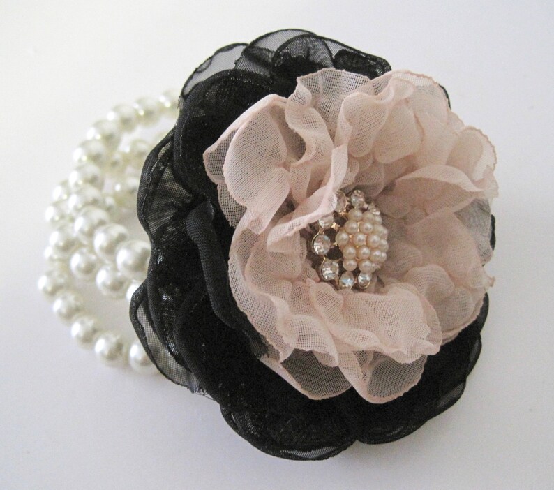 Gorgeous Black with Champagne Chiffon Wrist Corsage Boutonniere Set with Pearl and Rhinestone Accents Prom Homecoming Winter Formal Wedding image 2