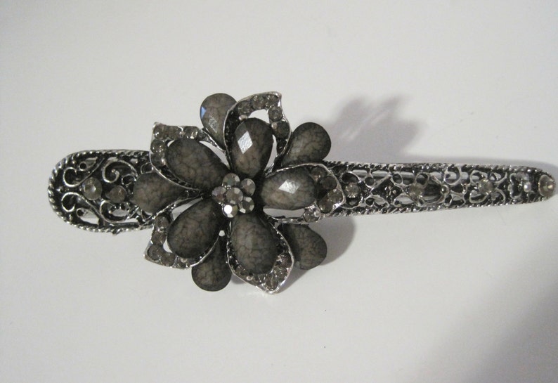 Large Refashioned Smokey Grey Flower Alligator Clip Hair Accessories Clips for Hair Prom Homecoming with Smokey Grey Rhinestones