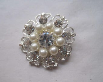 Pearl Rhinestone Button: Silver Brooch Bouquet Embellishment (1 1/2 inch)