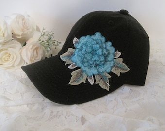 Black Trucker Baseball Cap Dad Hat Women's Hats Turquoise Flower Trucker Hat Cadet Hats Trucker Hats Flower Appliqué Dads Hat Truckers Hats