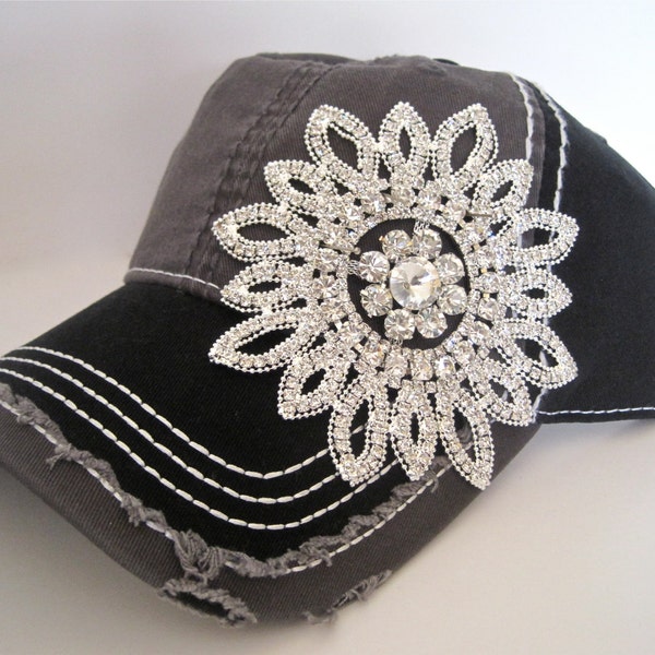 Two Tone Black and Grey Trucker Baseball Cap Hat with Gorgeous All Rhinestone Flower Accent