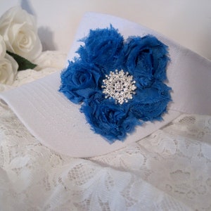Adorable White Golf Sun Visor with a Royal Blue Chiffon Flower and Beautiful Rhinestone Accent Golf Accessories