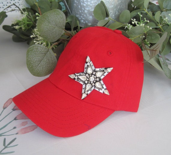 theraggedyrose Youth Toddler Red Baseball Cap with Beautiful Rhinestone Star Applique Girls Hat Toddler Hat Girls Baseball Caps Toddler Baseball Caps Youth