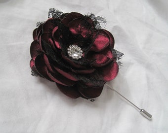 Boutonniere Lapel Stick Pin Tack Bar Pin for the Dapper Man Burgundy with Black Lace Rhinestone Center Gothic Boutonniere Pocket flower Bout