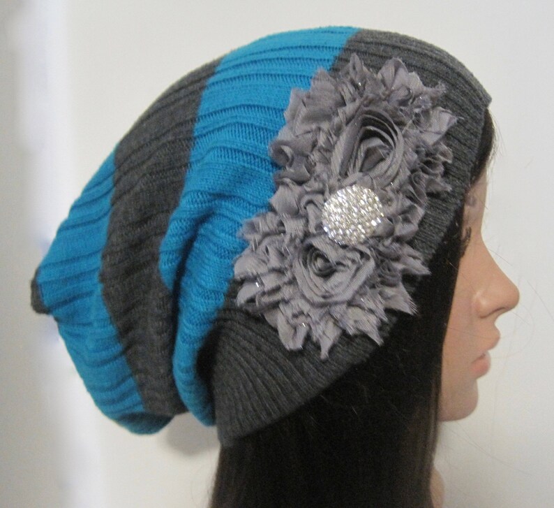 Gray and Blue Striped Recycled Sweater Slouch Beanie With Gray Chiffon Flowers and Rhinestone Accent Winter Hats Sweater Hats Accessories