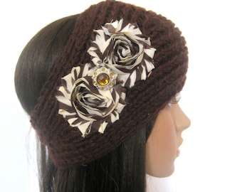 Brown Knit Headband Ear Warmer with Chiffon Flowers & Amber Accent