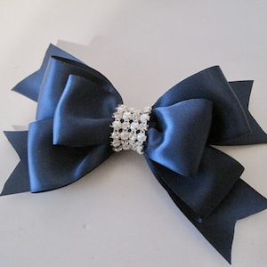 Satin Hairbow Pageant Bow Little Girl Bow Navy Blue Bow Bling Bow Pearl and Rhinestone Bow Choose Your Color Bow Flower Girl Bow 5&quot; Bow